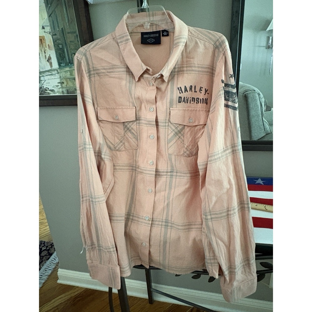 Harley Davidson flannel biker shirt outdoor plaid spring salmon orange women 2XL - Picture 4 of 15